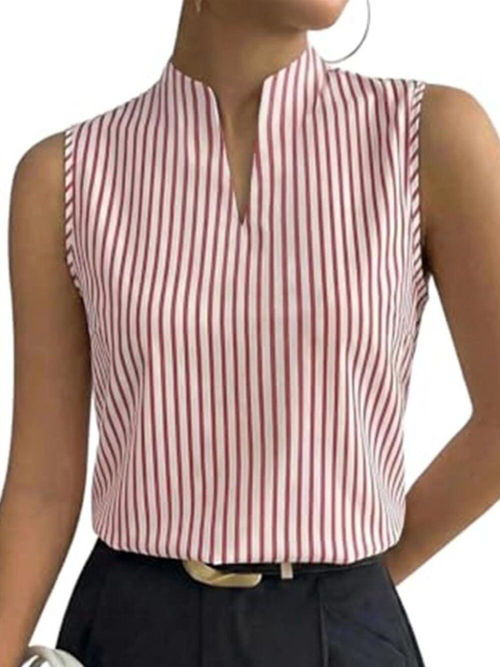 Sleeveless Blouse Light Red and White Polyester Striped Split Notch Neck Top